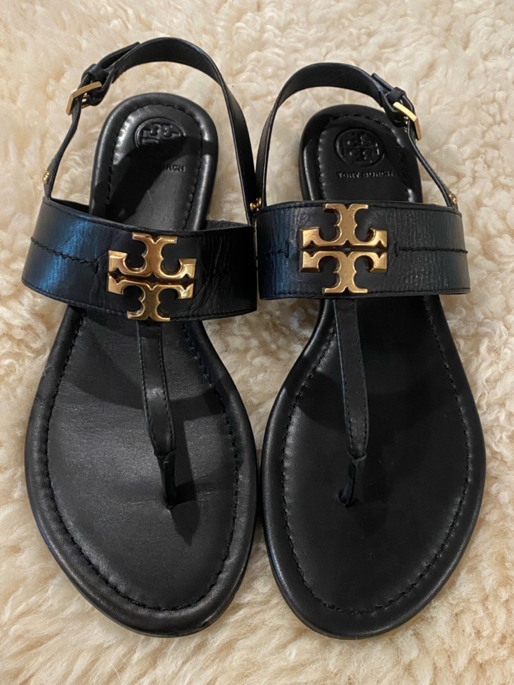 Tory Burch Black Leather Sandals with Gold Logo Accent